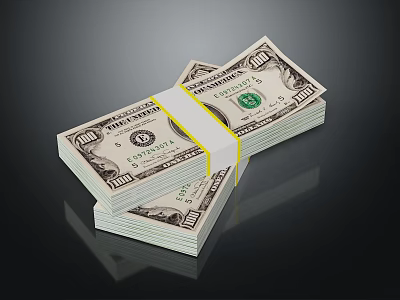 Decorative Ornament Set Featuring Stacked Dollar Bills Bound With Yellow Tape On Black Reflective Background 3d model