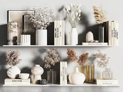 Modern Decorative Ornament Set with Vases Dried Flowers Books and Picture Frames on Shelves 3d model