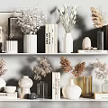 Modern Decorative Ornament Set with Vases Dried Flowers Books and Picture Frames on Shelves