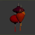 Colorful Chinese Lanterns With Red Orange Pink Hues And Tassels On Dark Background