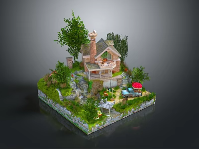 Miniature Scenic Landscape With Cottage Lush Trees Garden Stream Patio And Colorful Flowers 3d model