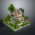 Miniature Scenic Landscape With Cottage Lush Trees Garden Stream Patio And Colorful Flowers