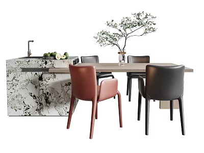 Modern Dining Set With Red Black Chairs Marble Cabinet And Olive Plant 3d model