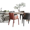 Modern Dining Set With Red Black Chairs Marble Cabinet And Olive Plant