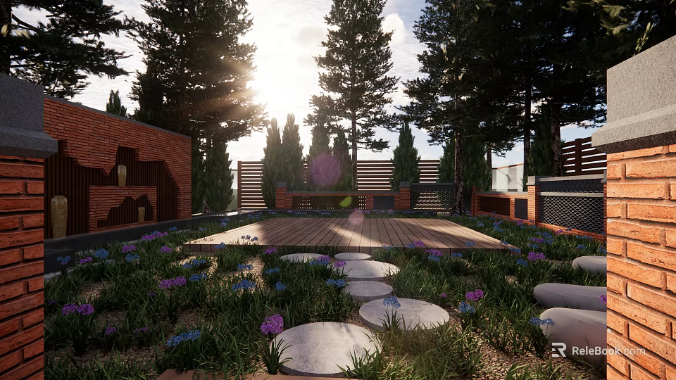 Sunlit Courtyard Garden With Wooden Deck Circular Stone Paths Colorful Flowers And Trees 3d model 