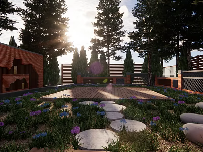 Sunlit Courtyard Garden With Wooden Deck Circular Stone Paths Colorful Flowers And Trees 3d model