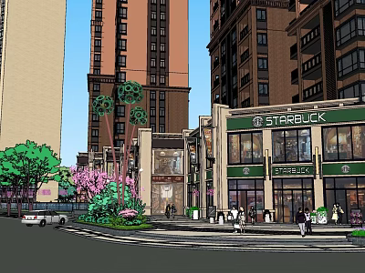 Commercial Landscape With Starbucks Store High Rise Buildings Pedestrians And Greenery 3d model