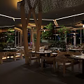 Modern Restaurant Interior Design With Wooden Structures Dining Tables Chairs Greenery And Hanging Lights