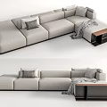 Modern Sectional Sofa With Decorative Pillows Soft Throw Blanket And Wooden Side Table 3d model