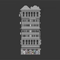 Cartoon Scene Multi Storey Building With Bright Windows Colorful Bottom Decorations And Sloped Roofs