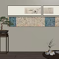 Traditional Chinese Calligraphy Artworks Hanging With Bonsai Tree And Decor Items