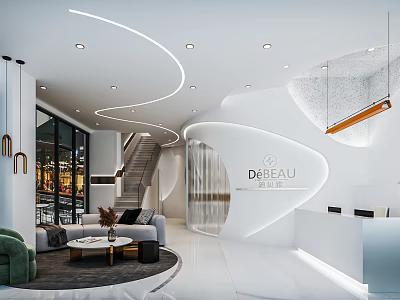 DEBEAU Beauty Hair Salon Modern Interior With Curved Design Reception Counter And Stylish Lighting 3d model