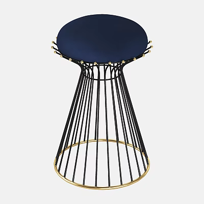 Modern Bar Stool With Navy Blue Cushion And Black Metal Gold Accent Frame 3d model