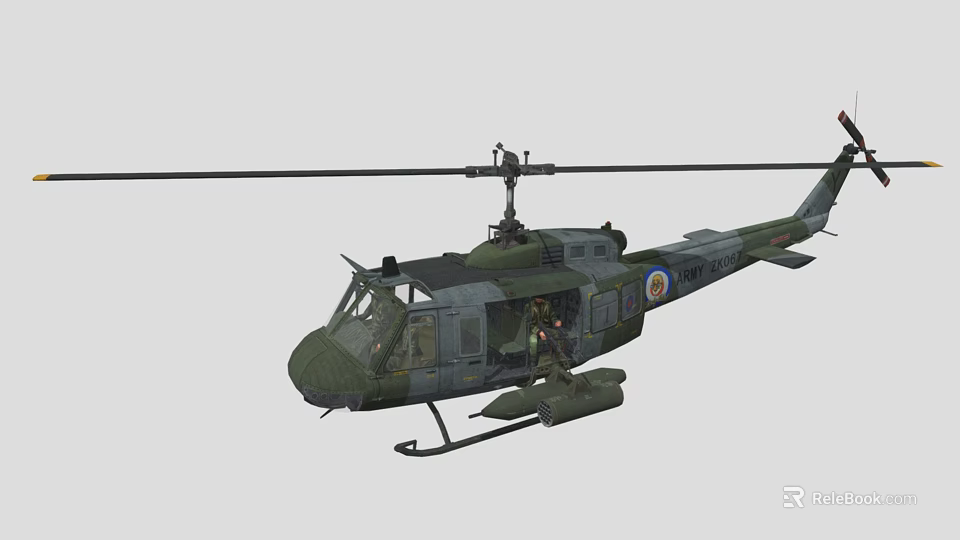 Military Green And Gray Helicopter With Rotors Cockpit And Emblem 3d model 