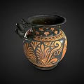 Ancient Greek Ceramic Vessel with Black Orange Patterns Female Figure Scroll Motifs and Decorative Handle