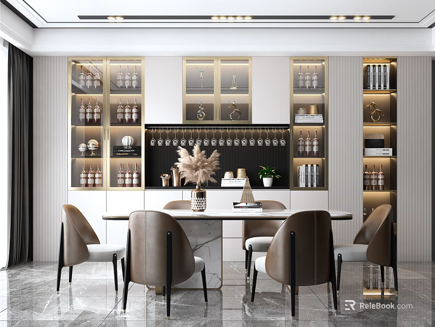 Modern Dining Table Set With Brown Chairs And Gold Frame Display Cabinets 3d model