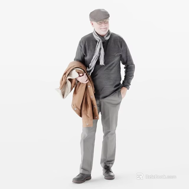 Man Wearing Gray Sweater And Scarf Holding Brown Jacket Standing Against White Background 3d model 