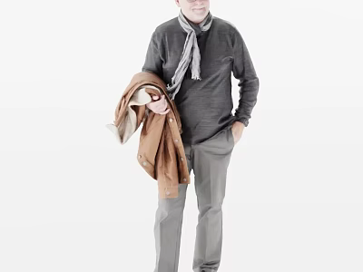 Man Wearing Gray Sweater And Scarf Holding Brown Jacket Standing Against White Background 3d model