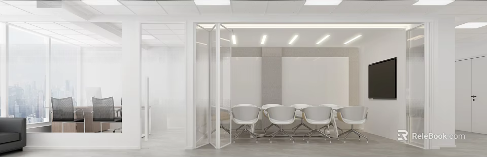 Modern Conference Room Interior Design With Glass Partitions And White Chairs 3d model 
