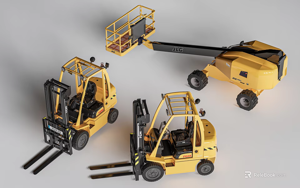 Different Types Of Yellow Utility Vehicles Featuring Forklifts And Boom Lift Truck 3d model 