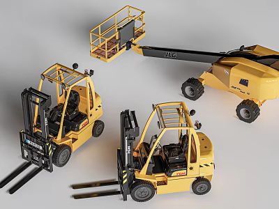 Different Types Of Yellow Utility Vehicles Featuring Forklifts And Boom Lift Truck 3d model