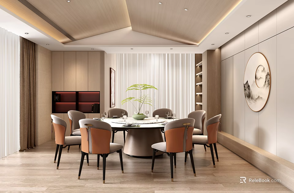 Modern Private Dining Room Interior With Round Table Chairs And Decor 3d model