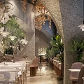 Luxurious Restaurant Interior Design With Chandeliers Green Plants Marble Dining Tables Arched Windows Leather Seats