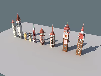 Various Tower Models with Different Architectural Styles Red Roofs and White Brown Exteriors on 3d model