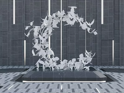 Modern Sculpture of White Birds Circular Design on Black Wall Grey Floor Pedestal Lighting Effect 3d model