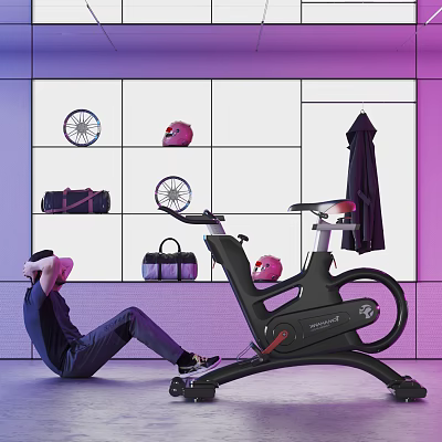 Organized Sports Equipment with Stationary Bike Wall Grid Helmet Bicycle Wheel and Bag 3d model