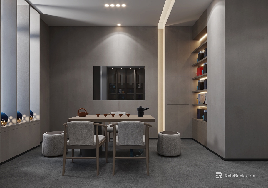 Exhibition Hall Interior Design With Gray Walls Central Table Chairs Bookshelves And Decorations 3d model 