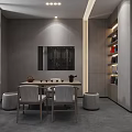 Exhibition Hall Interior Design With Gray Walls Central Table Chairs Bookshelves And Decorations