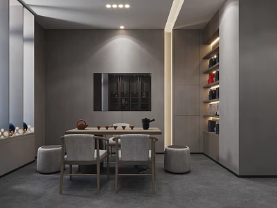 Exhibition Hall Interior Design With Gray Walls Central Table Chairs Bookshelves And Decorations 3d model