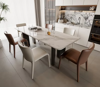 Modern Dining Table Set With Marble Top And White Brown Leather Fabric Chairs 3d model