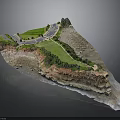 Realistic 3D Terrain Model With Curved Road Grassland Rocky Areas And Coastline