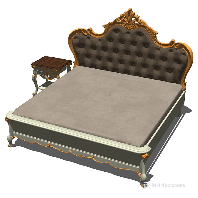 Elegant Double Bed With Tufted Headboard Ornate Carvings Gold Accents And Wooden Nightstand 3d model 