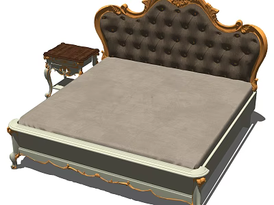Elegant Double Bed With Tufted Headboard Ornate Carvings Gold Accents And Wooden Nightstand 3d model