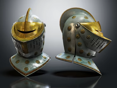 Ancient Medieval Helmets With Metallic Finish And Decorative Gold Silver Details 3d model