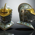 Ancient Medieval Helmets With Metallic Finish And Decorative Gold Silver Details