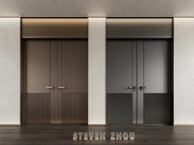 Modern Double Doors Featuring Fluted And Perforated Panels On Gray Walls With Dark Flooring 3d model