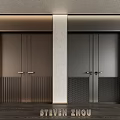 Modern Double Doors Featuring Fluted And Perforated Panels On Gray Walls With Dark Flooring