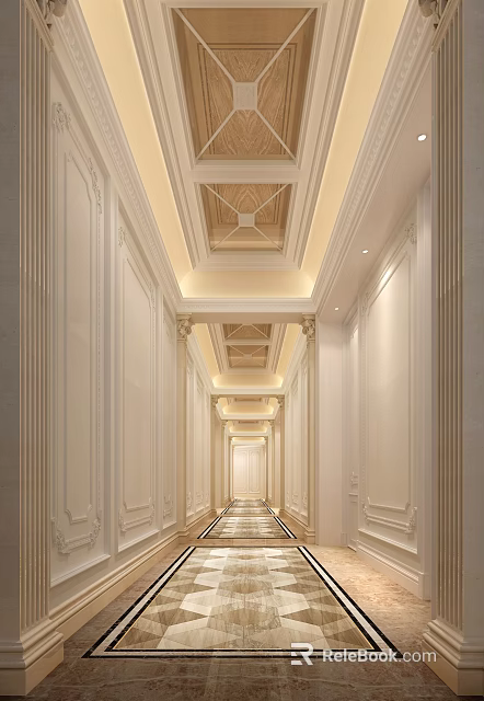 Luxurious Hotel Corridor Interior Design With Decorative Ceiling And Elegant Wall Panels 3d model