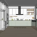 Light Green Kitchen Interior With Marble Countertop Cabinets Refrigerator Window Blinds And Checkerboard Rug