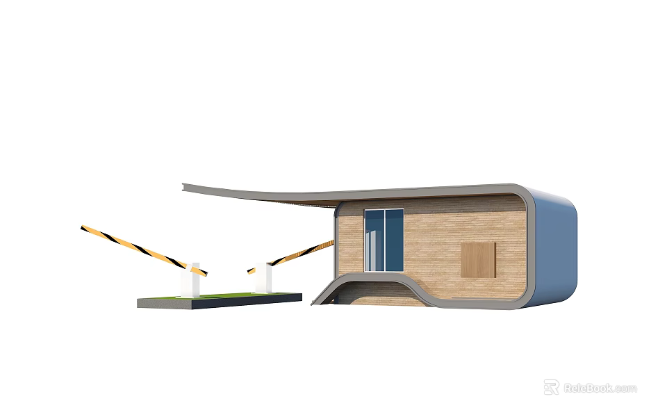 Modern Small Building With Wooden Exterior Blue Windows And Barrier Gate 3d model 