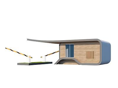 Modern Small Building With Wooden Exterior Blue Windows And Barrier Gate 3d model