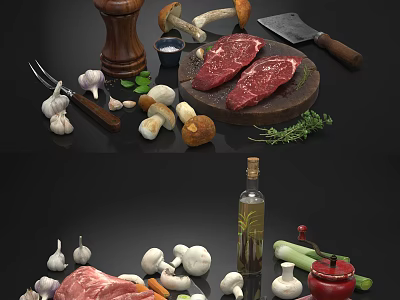 Fresh Steak And Mushrooms With Garlic Olive Oil Herbs And Kitchen Tools 3d model