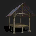 Wooden Shelter Structure With Corrugated Metal Roof Supporting Pillars And Platform Base