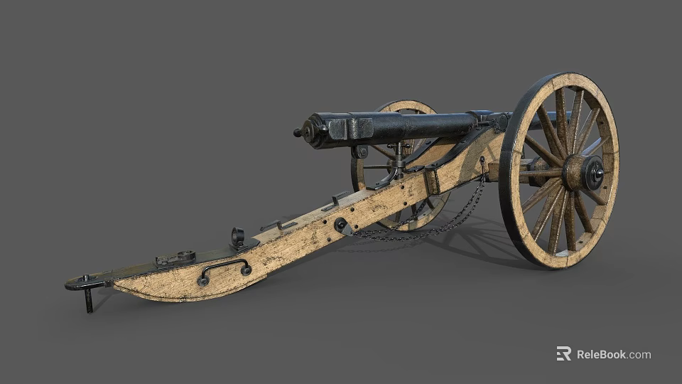 Historical Old Cannon Weapon With Wooden Wheels And Metal Barrel 3d model 