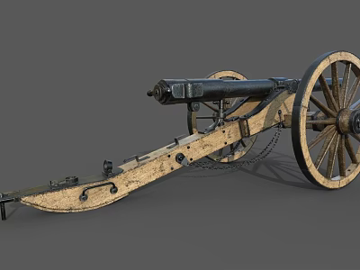 Historical Old Cannon Weapon With Wooden Wheels And Metal Barrel 3d model