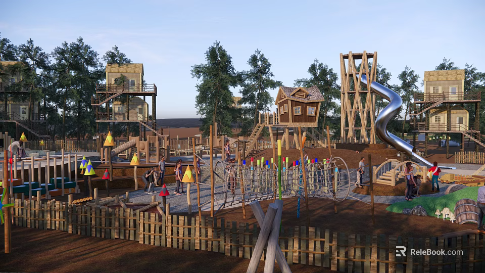 Outdoor Playground With Wooden Structures Slide Climbing Frame And Tree House For Kids Playing 3d model 